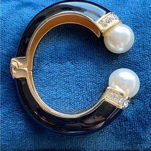 Black and Gold Bangle Bracelet with Pearl Accents
